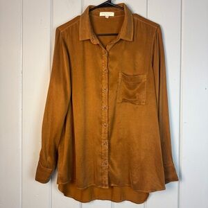 Side Stitch Los Angeles Copper Brown Blouse Button Down Shirt silky shiny Top M